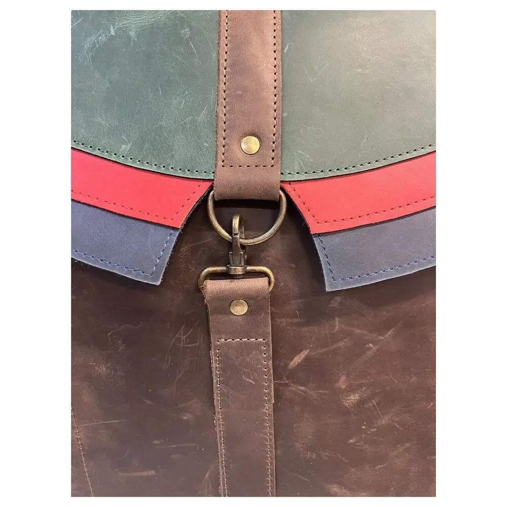 Leather Handmade Backpack Laptop Flap Closure Adjustable Clasp Unisex Brown